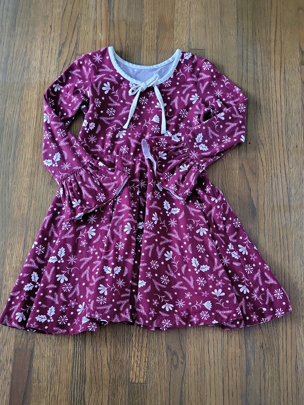 Eleanor Rose Burgundy Floral Holiday Long-Sleeve Tie-Neck Dress